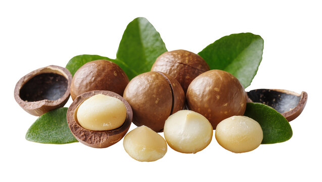 Whole and shelled macadamia nuts with green leaves, isolated on transparent background