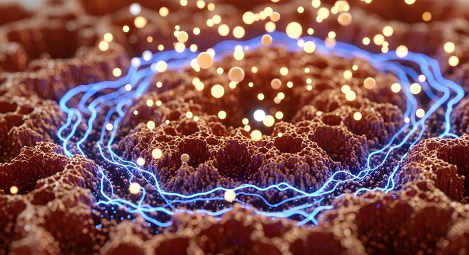Electric blue plasma energy ring glowing on rough copper metallic surface with sparks and particles