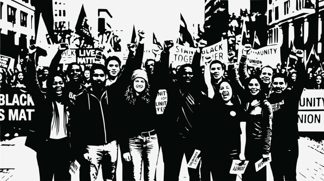 Diverse crowd protesting with raised fists and signs for social justice