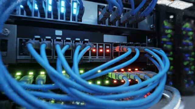 Close-up view of a server rack with illuminated blue ethernet cables and blinking LED lights, representing data center operations, network infrastructure, and technology.