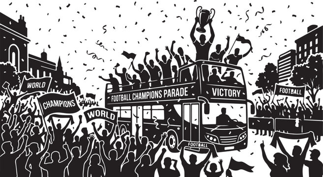 Victory parade, sports celebration, black and white illustration, champion crowd, festive confetti