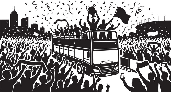 Black and white illustration, protest crowd, double-decker bus, city skyline, demonstration vector