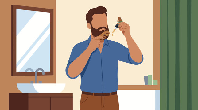Man grooming his beard with oil and comb