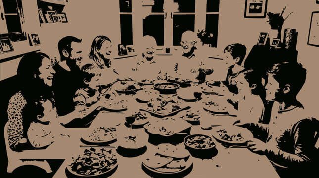 Happy family enjoying a festive meal around a dining table