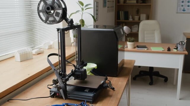 No people shot of open-source 3D printer printing green object on wooden table in modern classroom workspace