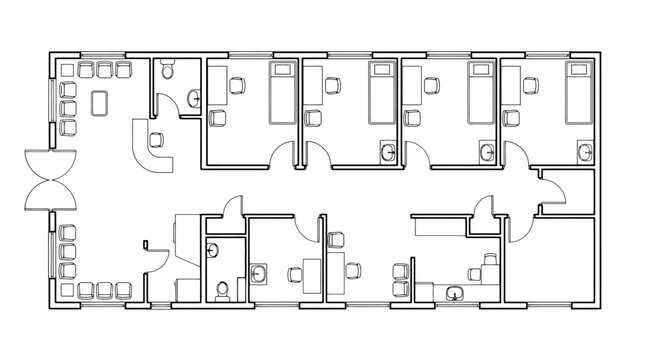 Architectural floor plan of a dormitory or hotel with multiple small rooms and common areas architectural drawing