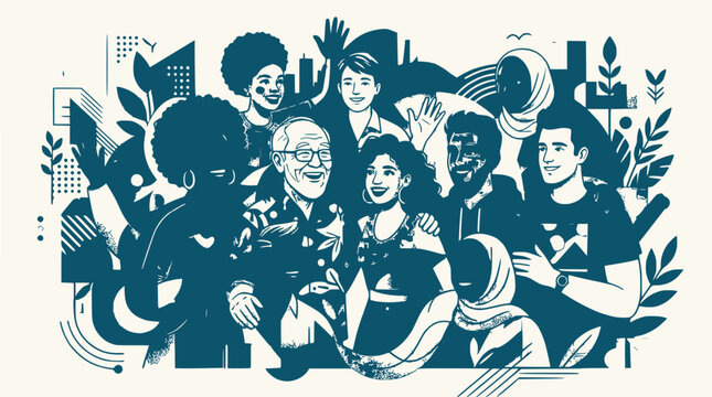 Diverse group of people smiling, embracing community, unity and multiculturalism illustration
