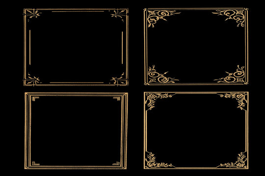 Set of 4 dark golden decorative frames on black background. Elegant geometric luxury frame collection with deep metallic tones and minimal modern design.
