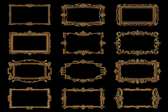 Large set of orange brown sandy decorative frames on black background. Warm geometric frame collection with elegant metallic minimal design.
