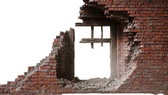 Crumbling brick wall with broken wooden beams, isolated on transparent background