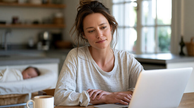 Postpartum woman attends telehealth therapy session on laptop at kitchen table while baby sleeps nearby in bassinet, maternal mental health digital access, remote counseling, July afternoon home set