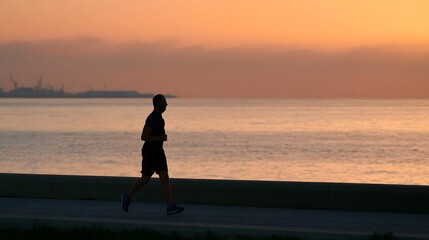 Fototapeta premium A person in silhouette jogs along the water at sunrise or sunset creating a serene and reflective landscape