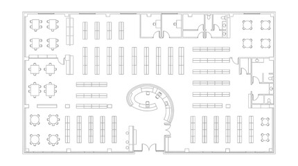 Architectural floor plan of a library with bookshelves reception desk and seating areas architectural drawing © Kosain