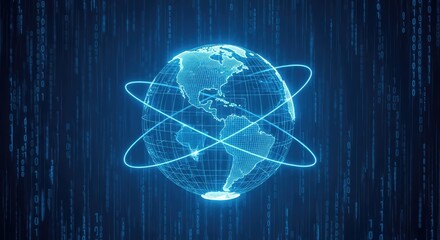 Obraz premium Global network with neon technology futuristic earth illustration with binary code and orbital rings
