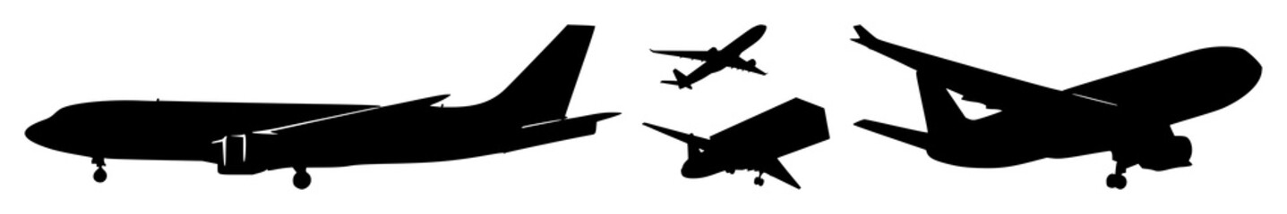 Air freight icon set with solid black silhouette on white background featuring air cargo, transport, logistics with shipping and freight © MDMiraj