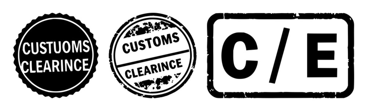 Solid black icon, white background: customs clearance stamp set with simple line art design featuring outline, illustration, graphic elements with clean design and vector art