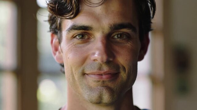 Shifting man holding eye contact as camera pulling back before window wearing tee for portrait