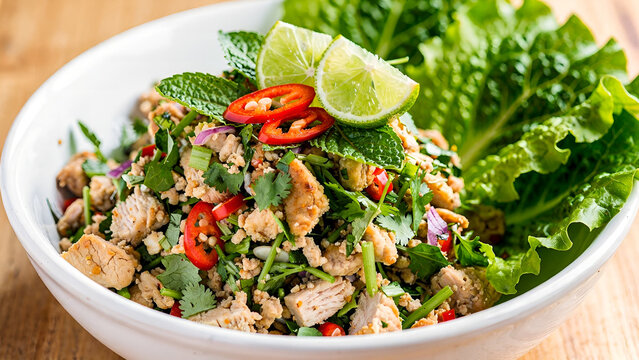Vietnamese chicken larb salad in a bowl, fresh herbs, chili, lime wedges, lettuce cups