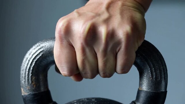 Gripping single adult hand maintaining firm hold at gym, preparing for lift with kettlebell