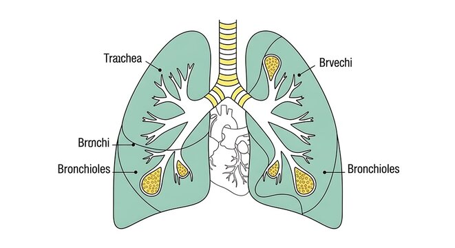 Detailed diagram of human lungs with labeled parts.