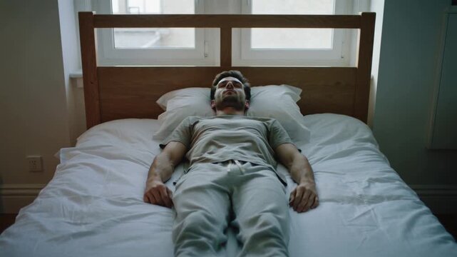 Lying man resting on bed at home, wearing grey T-shirt, with wooden headboard and windows