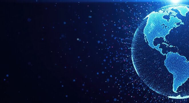 Neon technology global network concept with blue earth map and data visualization