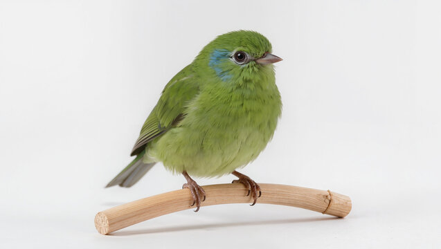 Isolated tiny vibrant green parrotlet bird on a solid white studio background