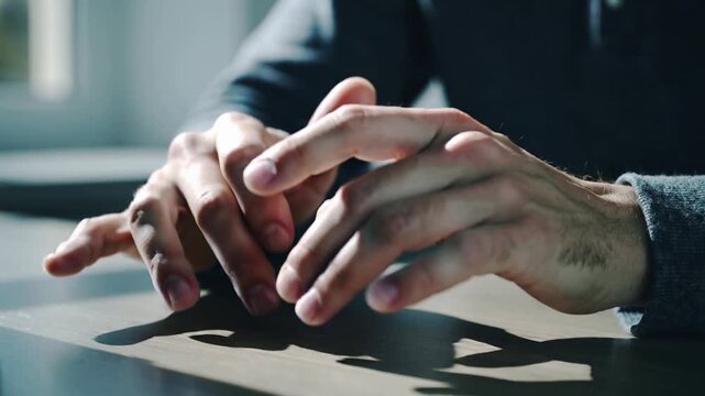Resting, tapping male hands on wood table by left window, dark sleeve, wrist mark, casting shadows