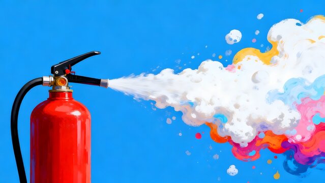 Fire extinguisher releasing colorful foam