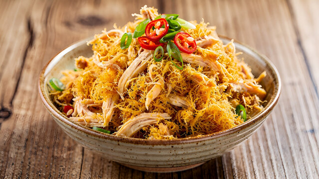 Vietnamese chicken floss (ch&agrave; b&ocirc;ng g&agrave;), fluffy golden shredded chicken piled in a rustic bowl, garnished with chili and scallions, on a wooden table 