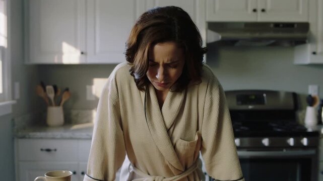 Leaning middle-aged woman in robe steadying on kitchen counter with mug, bowing head after news