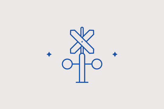Railroad crossbuck sign with lights line icon for railway crossing safety. Warning vector illustration for traffic security regulations or driving simulators.
