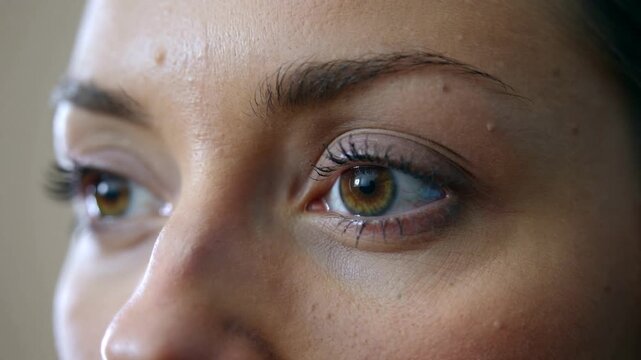 Opening woman slowly focusing offscreen with soft light drawing gaze at home, hazel eyes, mascara