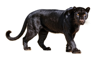 Majestic black panther with golden eyes walking, isolated on transparent background © Johnson