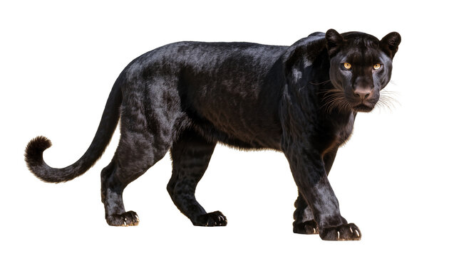 Majestic black panther with golden eyes walking, isolated on transparent background