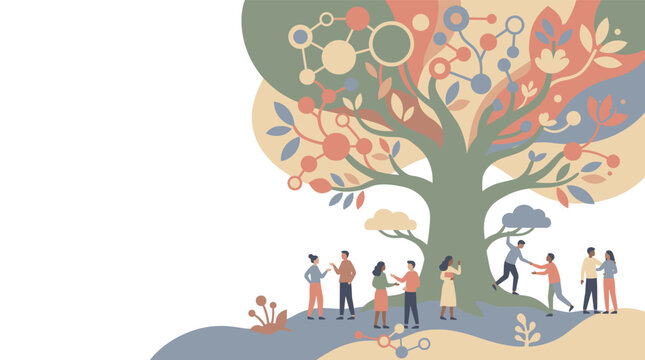 Stylized illustration of a community interacting around a symbolic tree representing interconnectedness and shared development