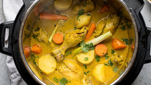 Vietnamese chicken curry in an Instant Pot, rich golden curry sauce with tender chicken pieces, carrots, potatoes, lemongrass, coconut milk, aromatic herbs, steaming hot, served in the Instant Pot ins