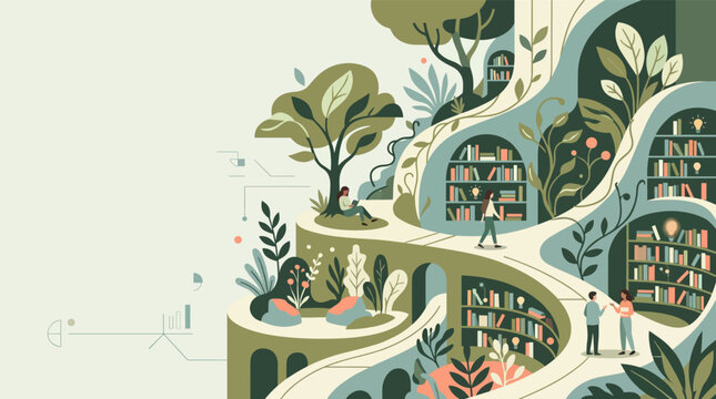 A serene illustration depicting a winding path through lush greenery and bookshelves, symbolizing personal growth and knowledge acquisition