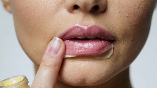 Applying after dipping from yellow jar, woman's fingertip glossing lower lip in studio