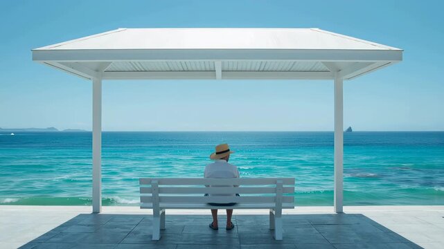 青い海と白い待合所のミニマル構図で座る日本人旅行者の写真