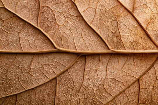 Macro View of a Dry Leaf: A close-up, abstract view of a dry, brown leaf showcases intricate vein patterns and cellular structures, highlighting the delicate beauty of nature's decay.