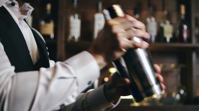 Order arriving bartender in white shirt dark vest shaking shaker at bar making drink, copy space
