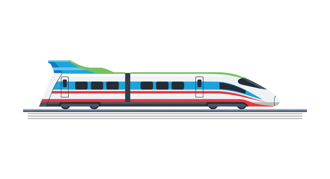 A streamlined modern high-speed locomotive with a aerodynamic nose and blue and red horizontal racing stripes glides horizontally across a set of parallel grey railway tracks.
