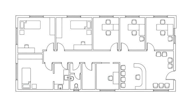 Architectural floor plan of an office or clinic with multiple rooms and furniture architectural drawing