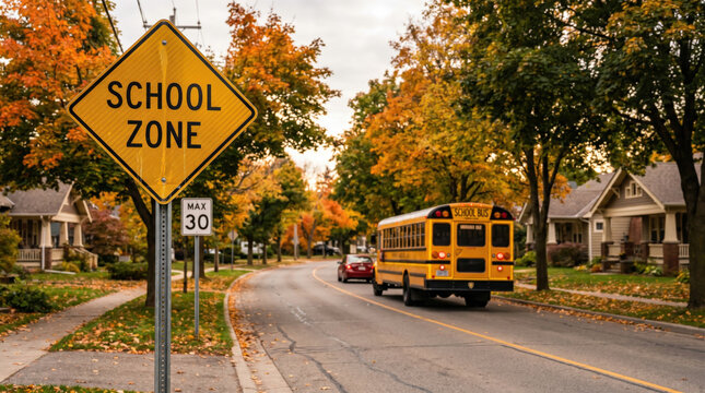 Autumn school district street view featuring school zone caution signage, traditional yellow bus and suburban neighborhood surroundings promoting student transportation safety and education