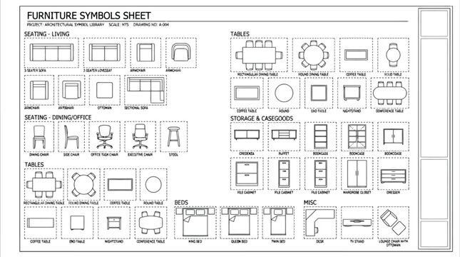 Architectural furniture symbols and icons for interior design and planning vector illustration