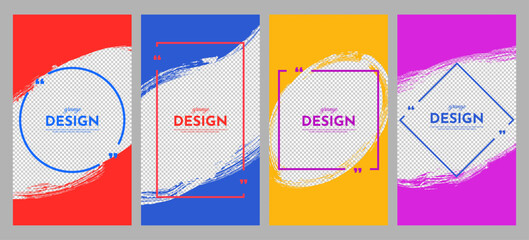 Vector illustration. Abstract colorful overlays on transparent backgrounds with geometric linear quote frame. Design elements for flyer, voucher, coupon, vertical layer. Funky graphic in messy style