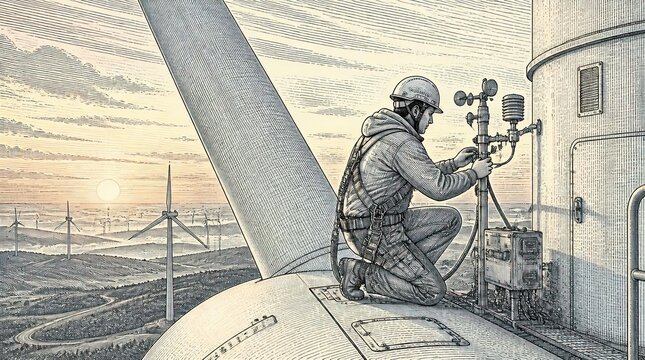 Meticulous cross hatching illustrates a wind technician adjusting turbine sensors at sunset, high above the landscape in this detailed wide panoramic CGI engineering artwork for energy industry.