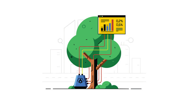 Environmental monitoring system for a tree, featuring sensors at the base connected to a data analysis screen with charts.