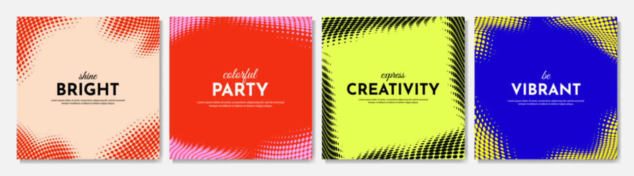 Vector illustration. Set of bold border backgrounds with color halftone dot patterns on a square background. Dynamic abstract frame design elements for social media template, web banners, blog posts